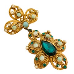 Vintage NINA RICCI gold faux emerald pearl turquoise dangle designer brooch