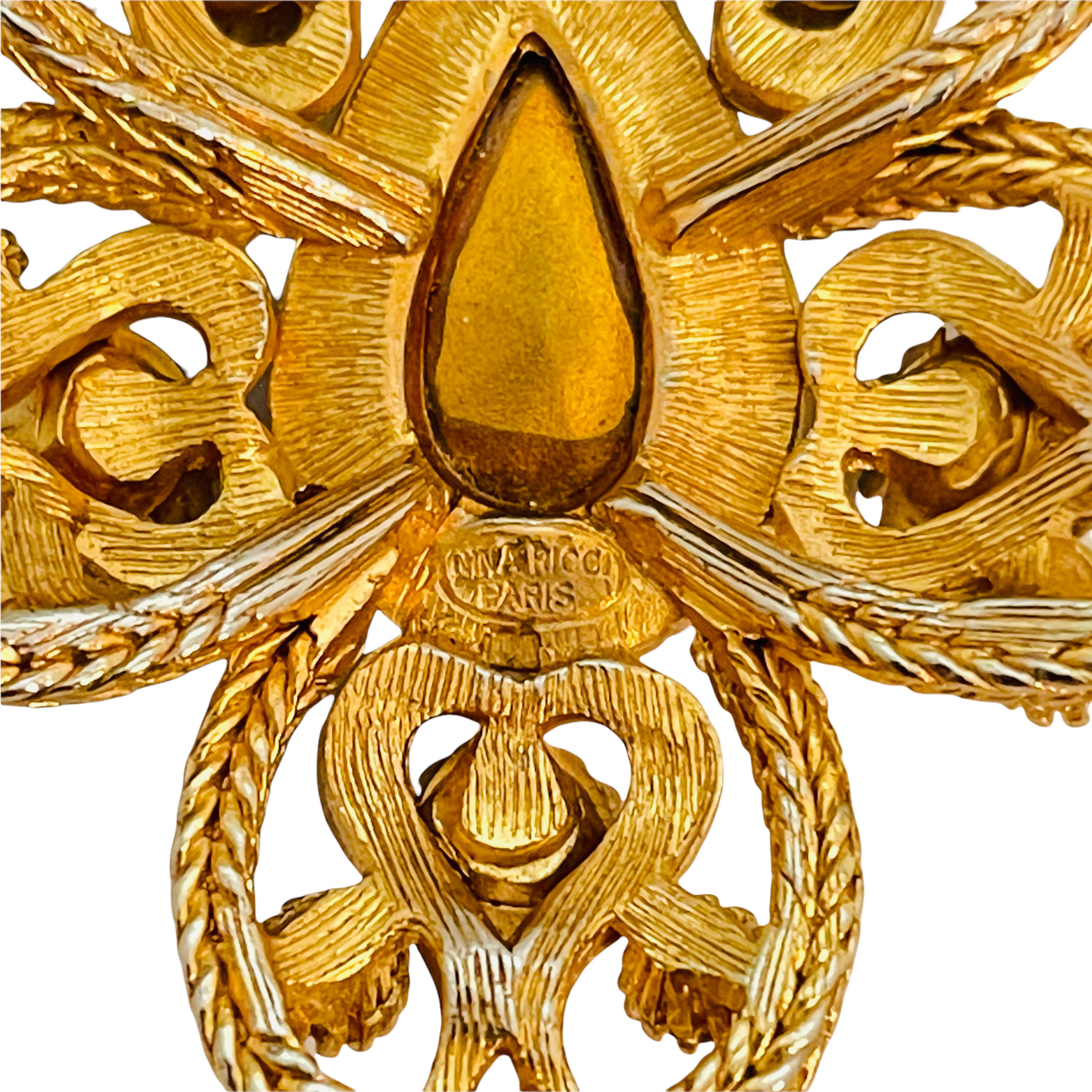 Broche pendante vintage NINA RICCI en or, fausse émeraude, perle et turquoise Bon état - En vente à Palos Hills, IL