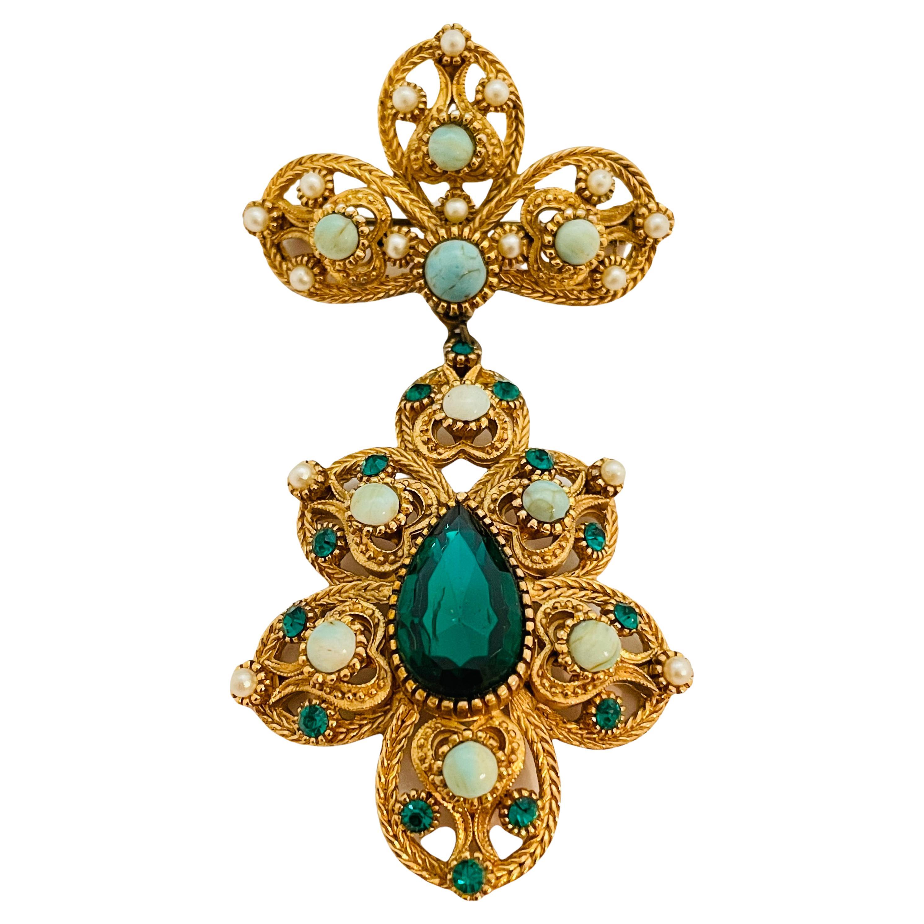 Vintage NINA RICCI gold faux emerald pearl turquoise dangle designer brooch For Sale