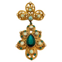 Vintage NINA RICCI gold faux emerald pearl turquoise dangle designer brooch