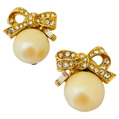 Retro NINA RICCI gold pearl rhinestone bow designer runway clip on earrings 