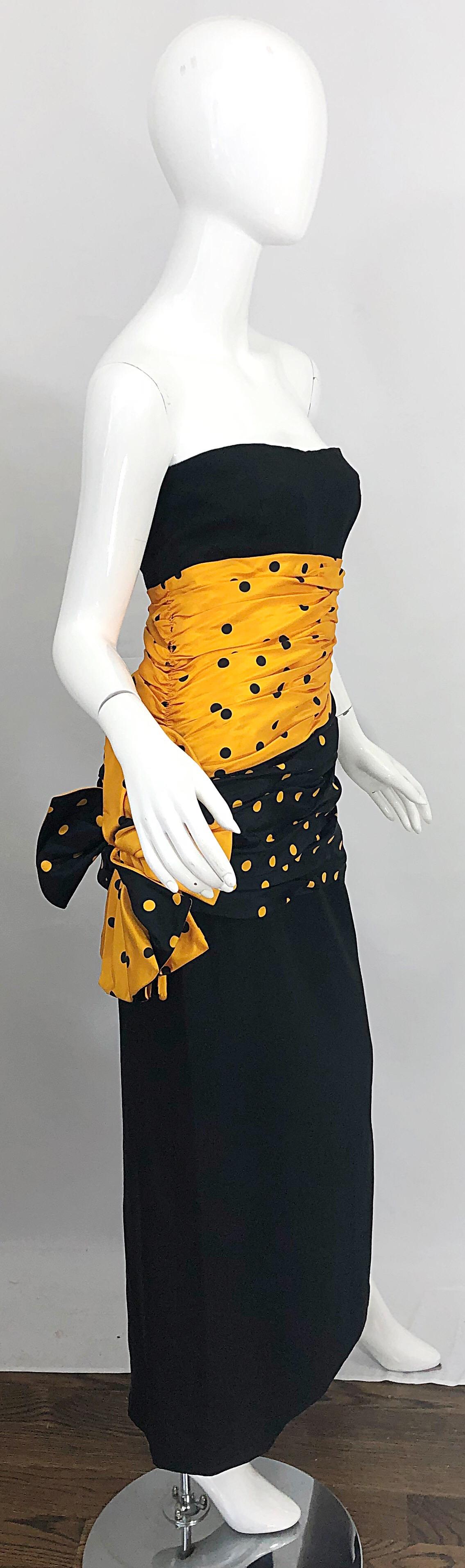 Gorgeous Avant Garde NINA RICCI Haute Couture 80s black and marigold polka dot strapless evening gown! Features a unique, yet brilliant fabric blend of Irish linen, rayon and silk taffeta. Interior boning on bodice holds everything in place, along