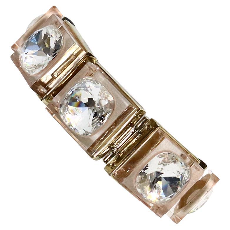 Vintage Nina Ricci Lucite Metal and Crystal Link Bracelet For Sale