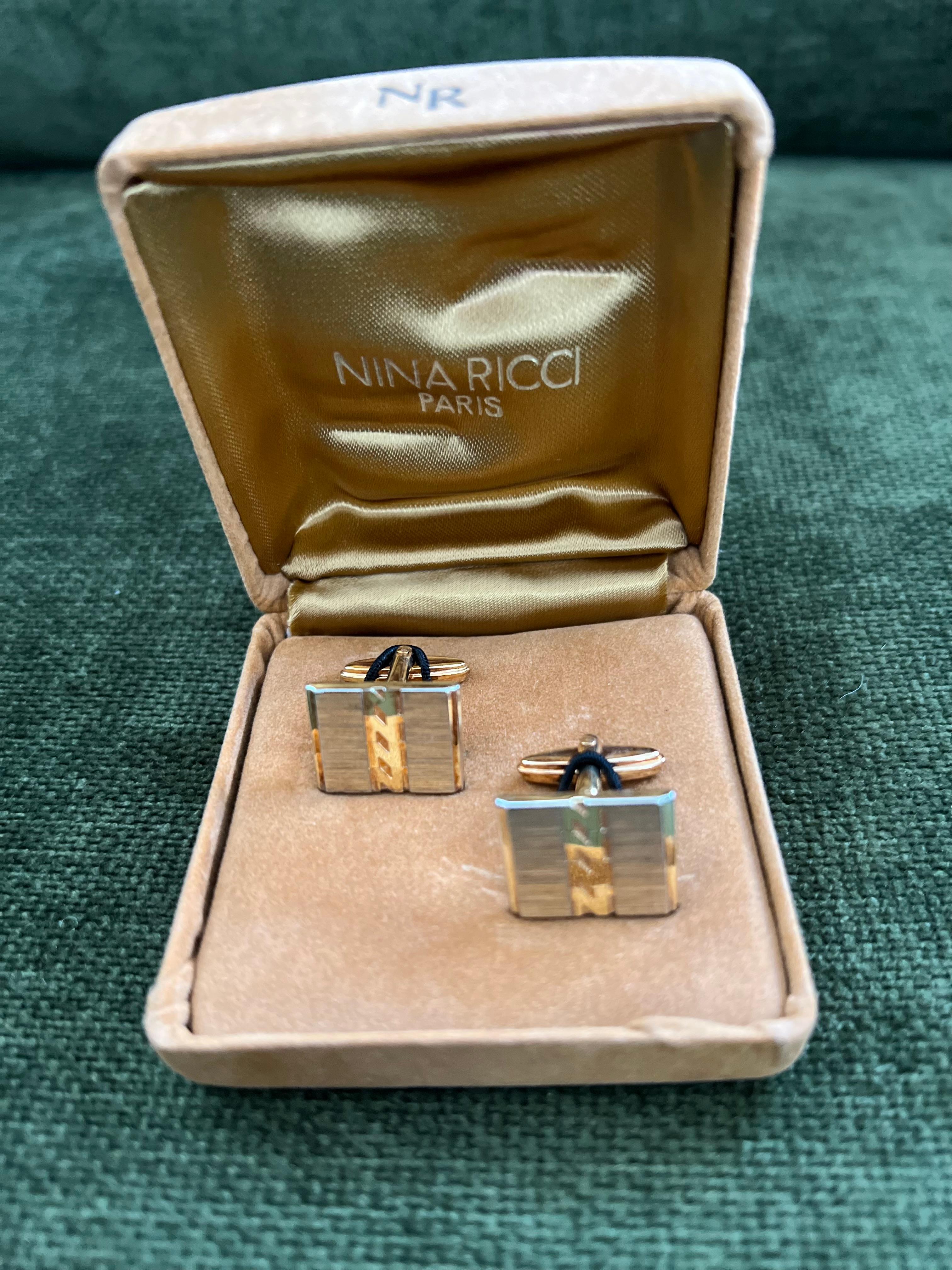 Boutons de manchette vintage Nina Ricci PARIS, plaqué or dans l'étui d'origine, Circa 1990 2