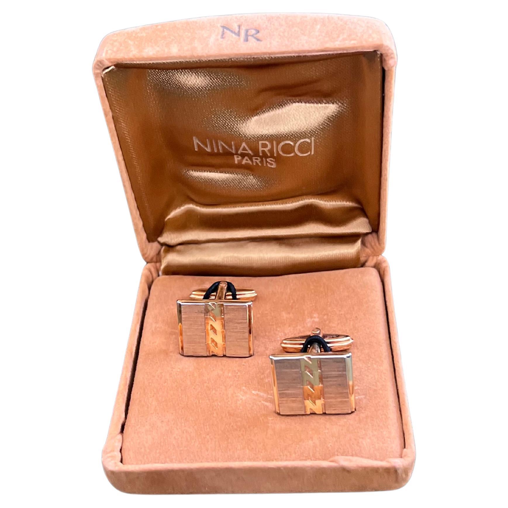 Boutons de manchette vintage Nina Ricci PARIS, plaqué or dans l'étui d'origine, Circa 1990