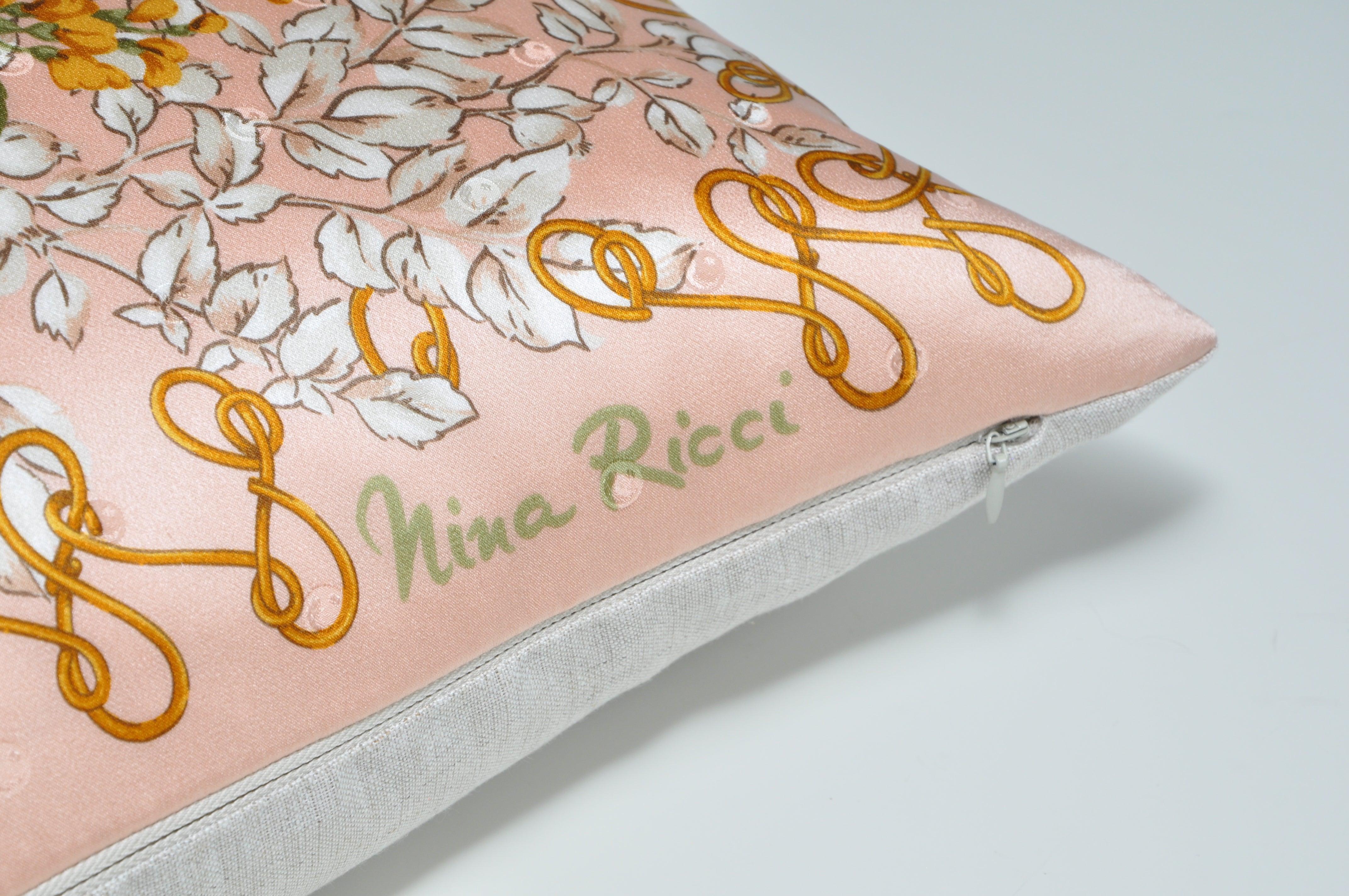 custom made one-of-a-kind luxury cushion created from a beautiful vintage silk Nina Ricci fashion scarf in an exquisite floral pattern. The most sumptuous soft to the touch silk in a soft, feminine peachy pink. A dainty floral picture of foliage and