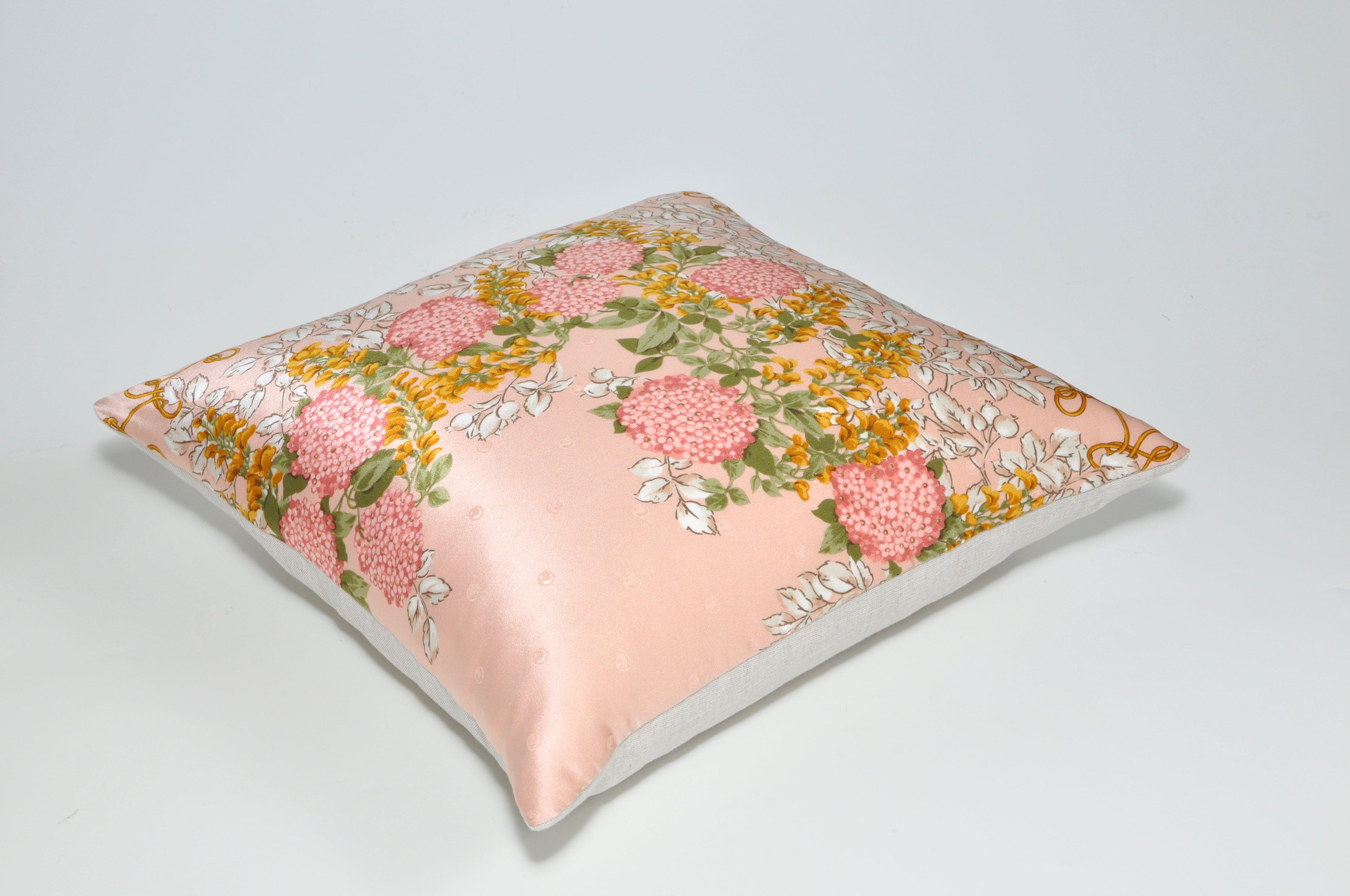 20th Century Vintage Nina Ricci Peach Silk Scarf with Irish Linen Cushion Pillow For Sale