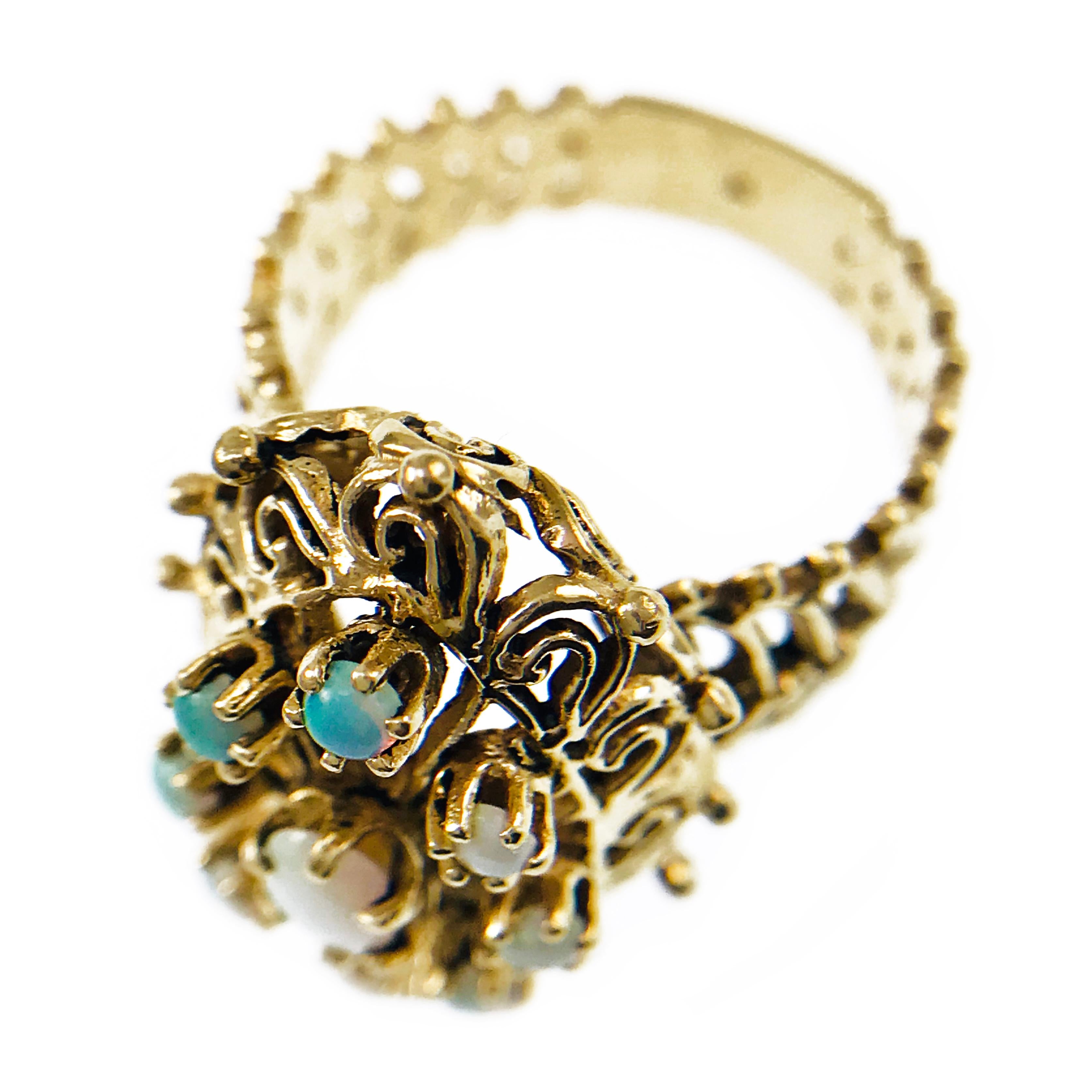 Round Cut Vintage Nine Opal Ornate Ring
