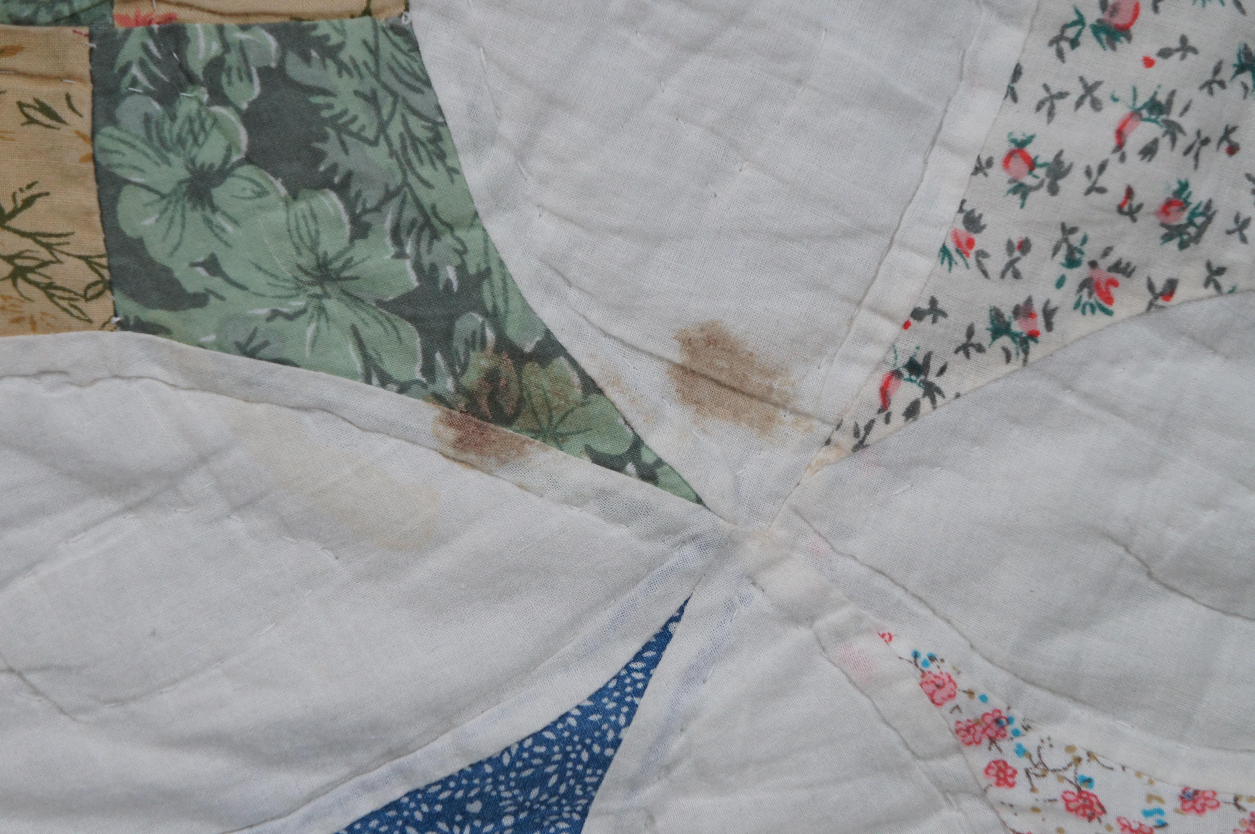 Folk Art Vintage Nine Patch Stitched Scalloped Geometric Quilt Blanket Bedspread 91
