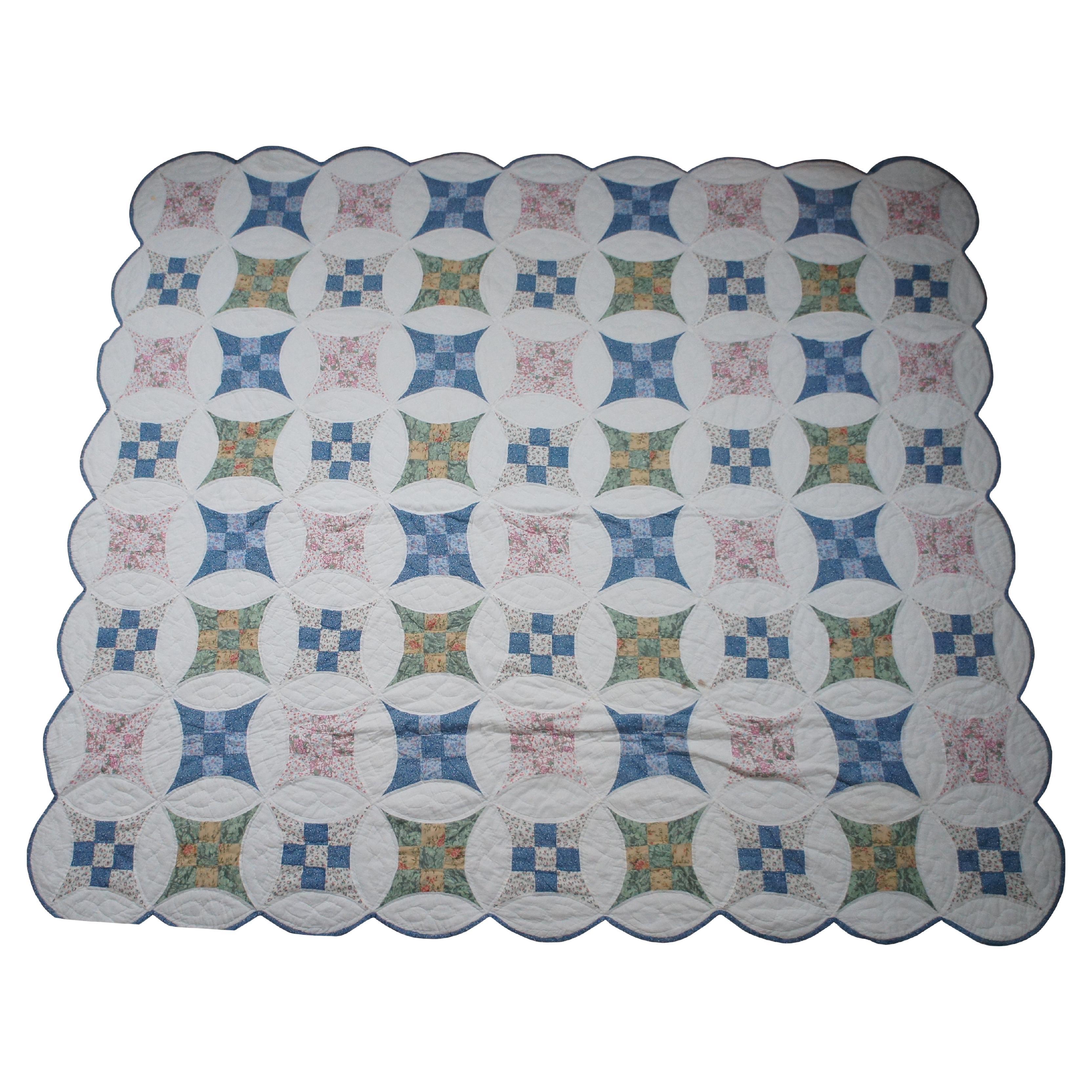 Vintage Nine Patch Stitched Scalloped Geometric Quilt Blanket Bedspread 91" For Sale