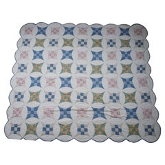 Vintage Nine Patch Stitched Scalloped Geometric Quilt Blanket Bedspread 91"