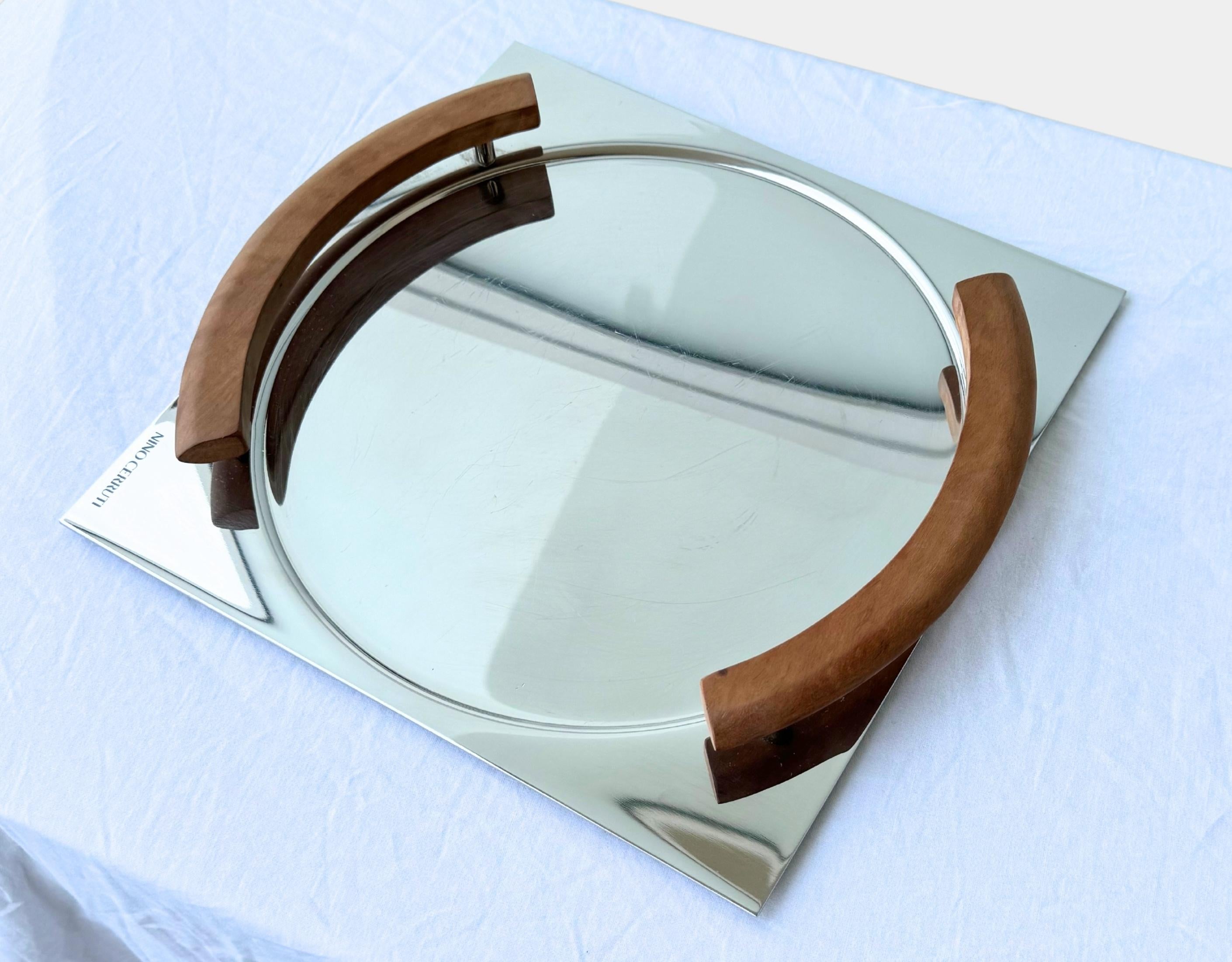 Italian Vintage Nino Cerruti Stainless Steel & Wood Platter Tray For Sale