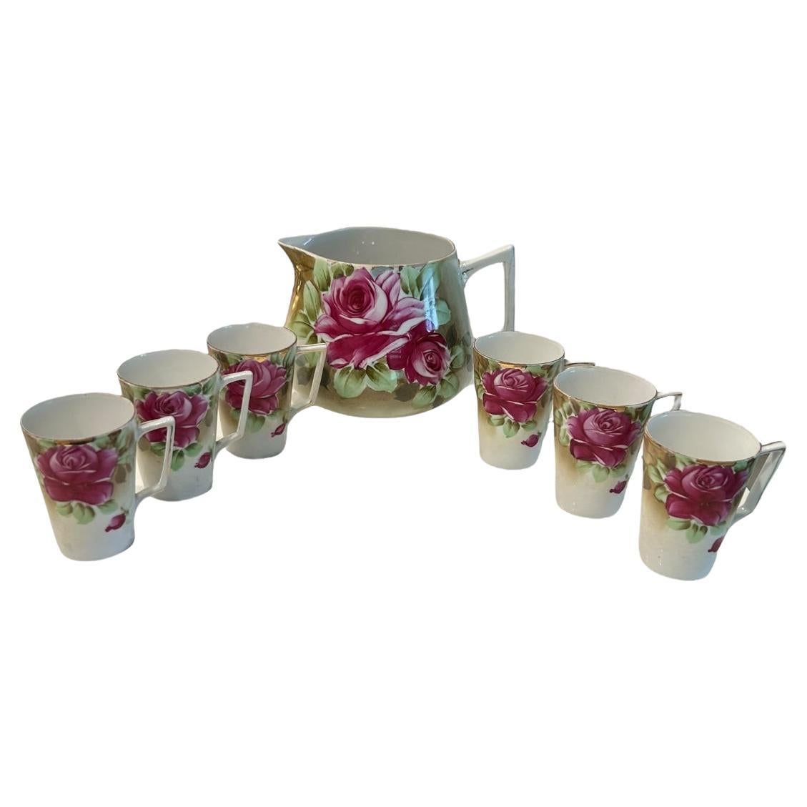 Vintage Nippon Japan Floral Hand Painted Lemonade/Iced Tea 7-piece Set For Sale