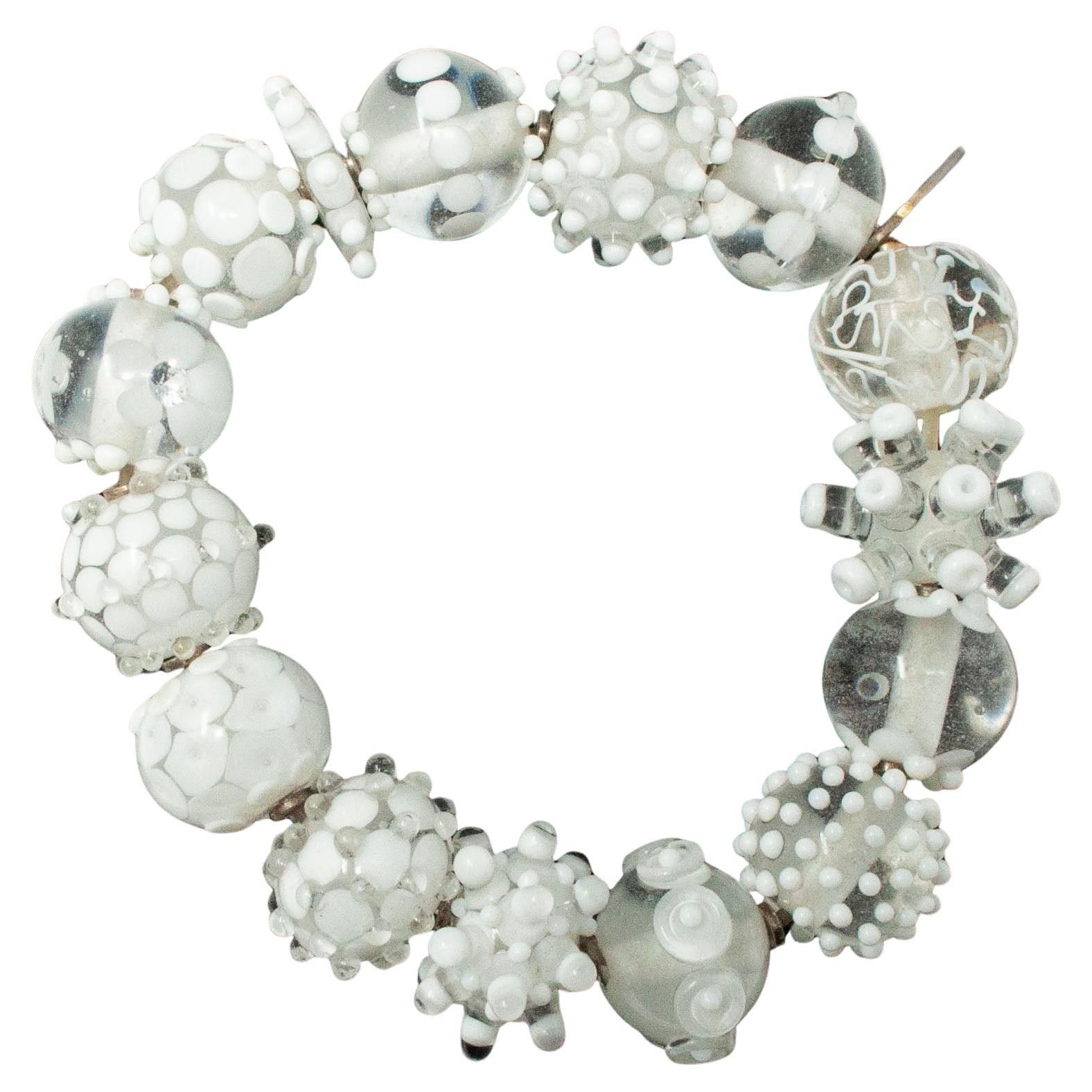 Vintage Nirit Dekel White Handmade Glass Bead Bracelet For Sale