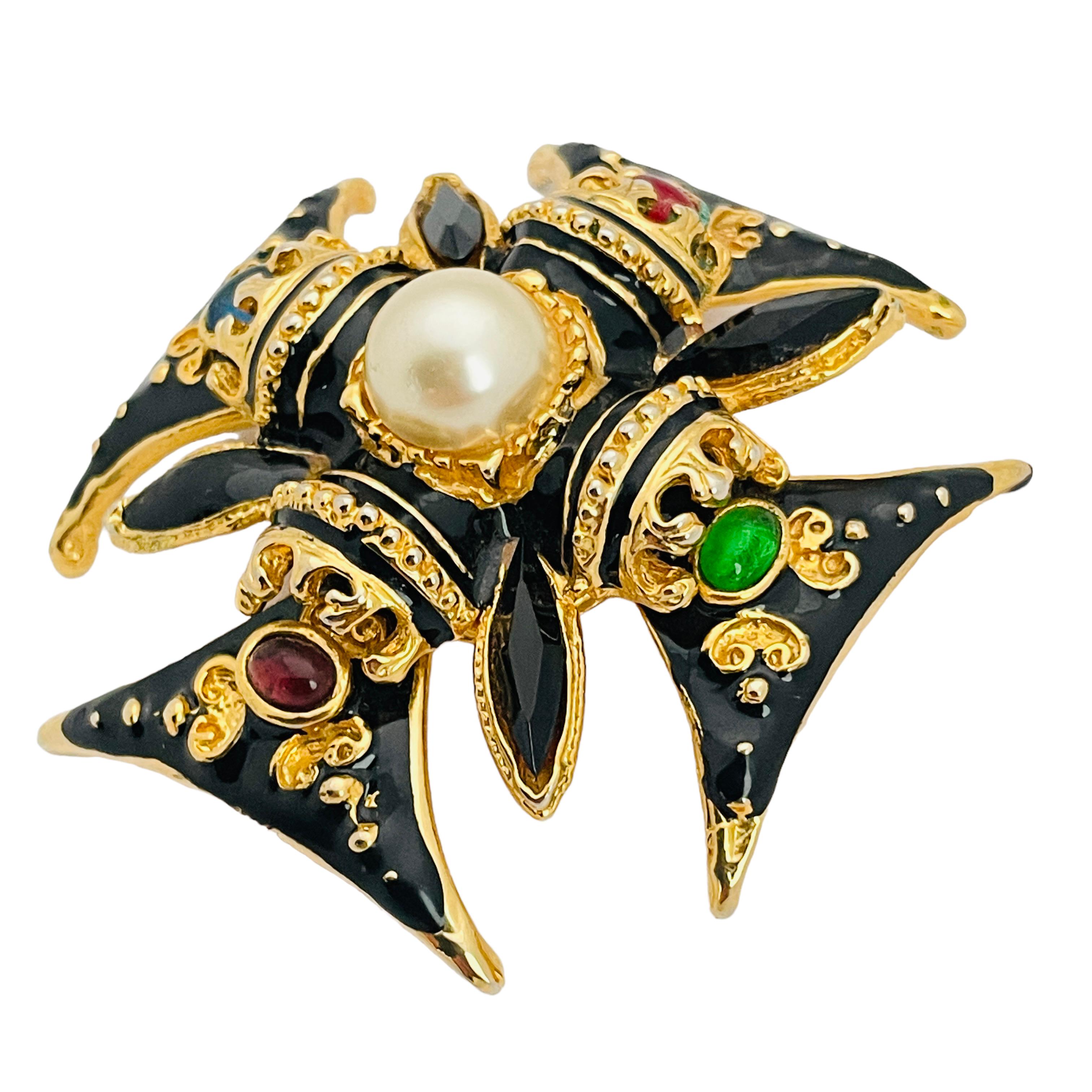 Vintage NLH NAT LANDAU HYMAN gold enamel Maltese cross designer runway ...