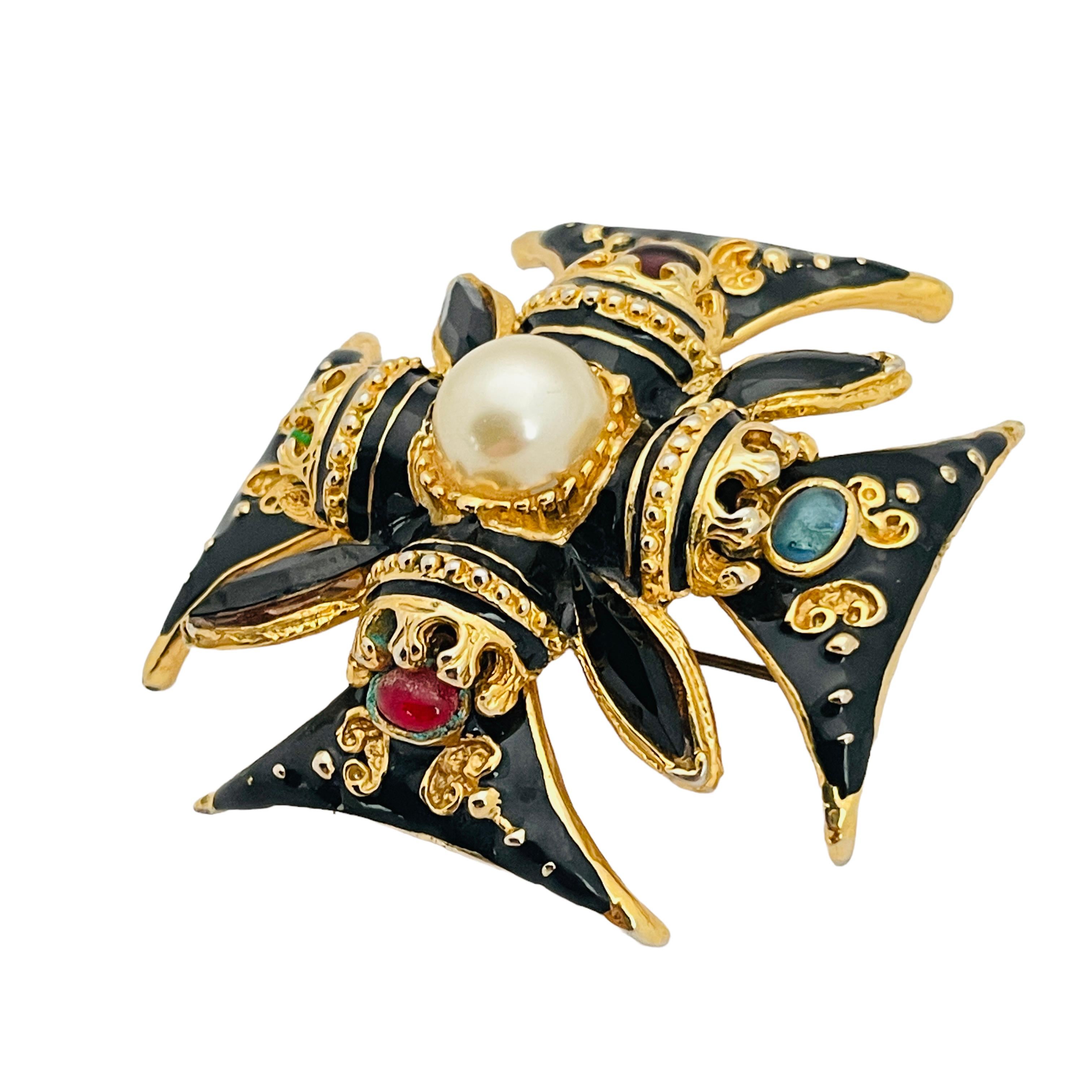 Vintage NLH NAT LANDAU HYMAN gold enamel Maltese cross designer runway ...