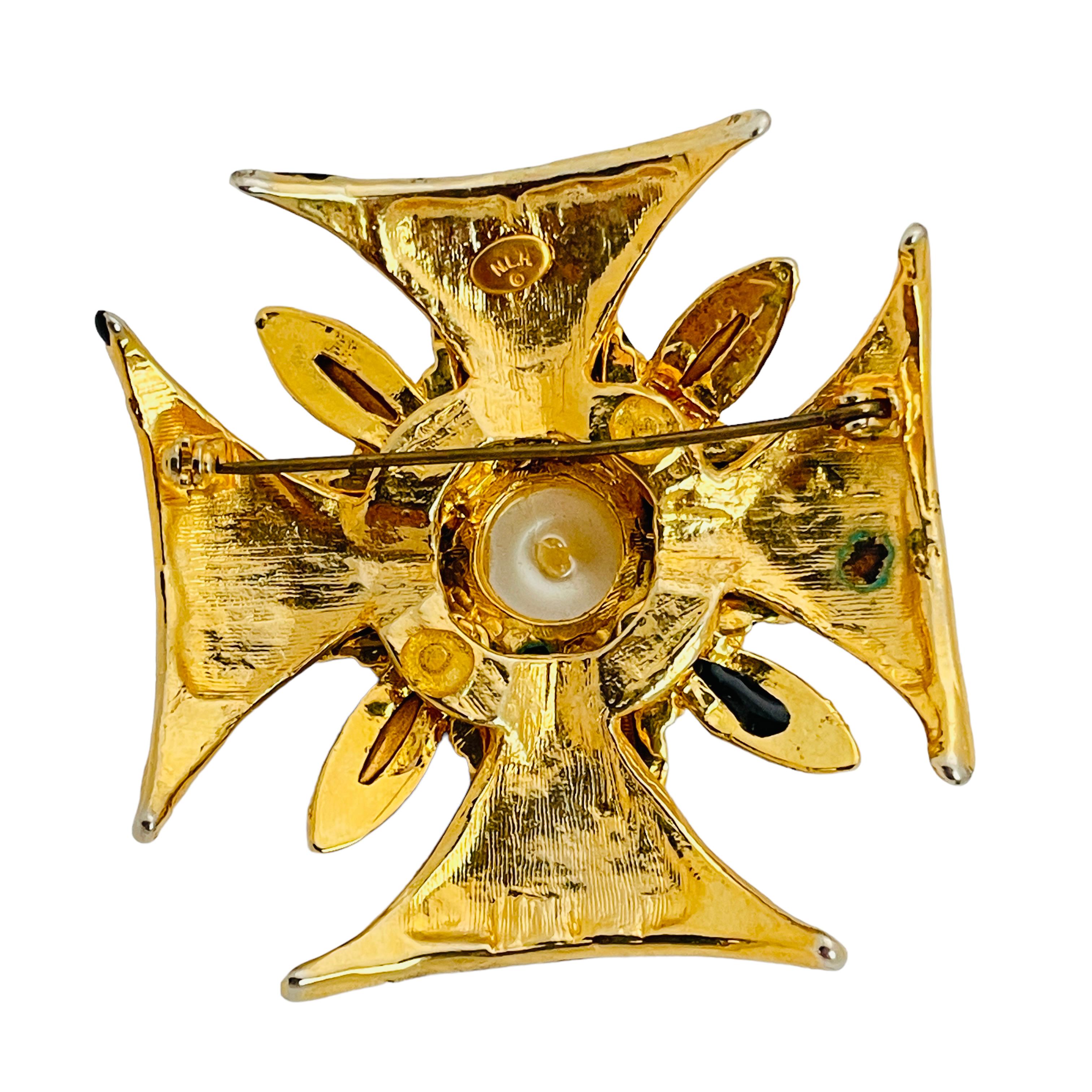 Vintage NLH NAT LANDAU HYMAN gold enamel Maltese cross designer runway ...