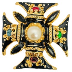 Vintage NLH NAT LANDAU HYMAN gold enamel Maltese cross designer runway brooch