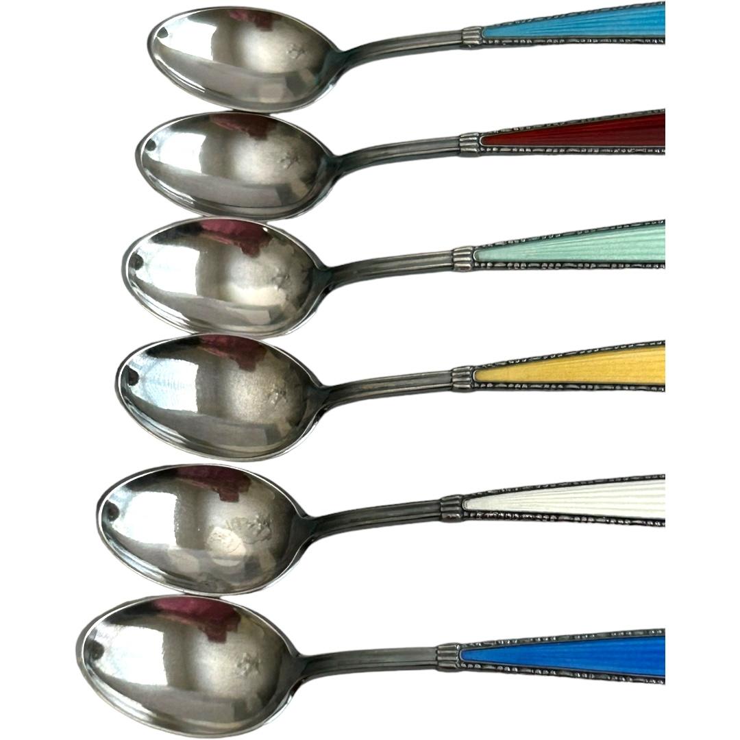 Norwegian Vintage N.M. Thune Norway Demitasse Sterling Silver and Enamel Spoons (6) For Sale