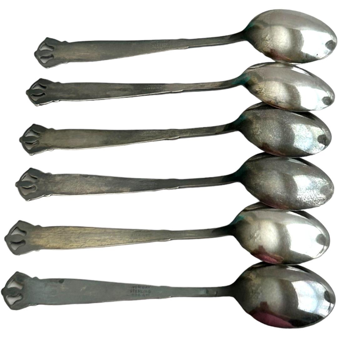 20th Century Vintage N.M. Thune Norway Demitasse Sterling Silver and Enamel Spoons (6) For Sale