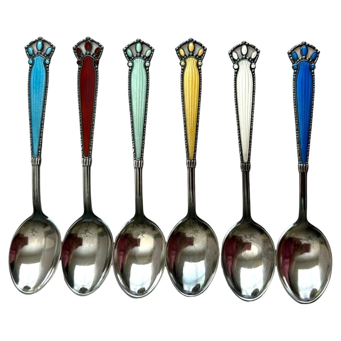 Vintage N.M. Thune Norway Demitasse Sterling Silver and Enamel Spoons (6) For Sale