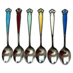 Used N.M. Thune Norway Demitasse Sterling Silver and Enamel Spoons (6)