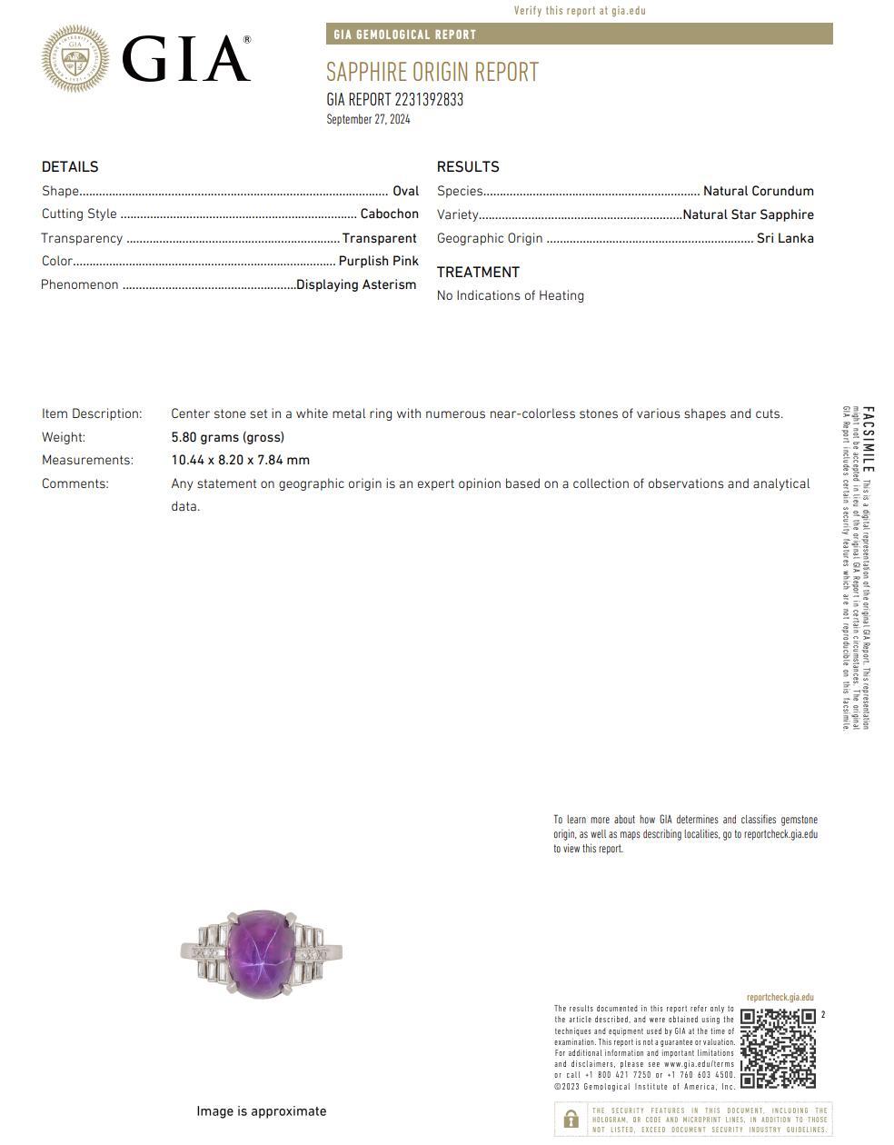 Vintage No Heat 7 Carat Purplish Pink Star Sapphire Platinum Art Deco Ring In condizioni ottime in vendita a Miami, FL