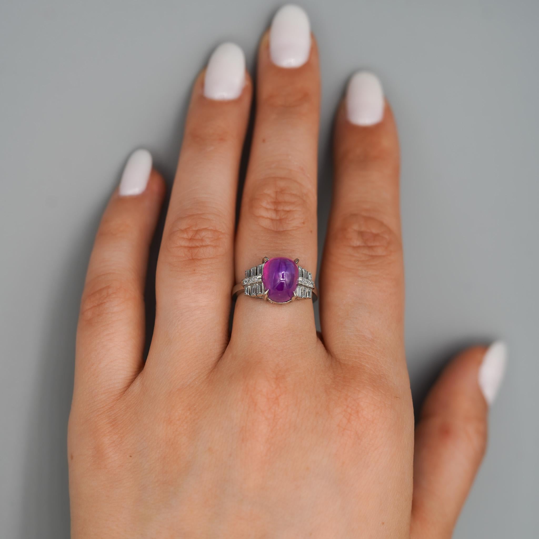 Vintage No Heat 7 Carat Purplish Pink Star Sapphire Platinum Art Deco Ring in vendita 2