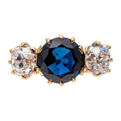 Vintage Diamantring, natürlicher unbehandelter blauer Saphir und Diamant im Altminenschliff