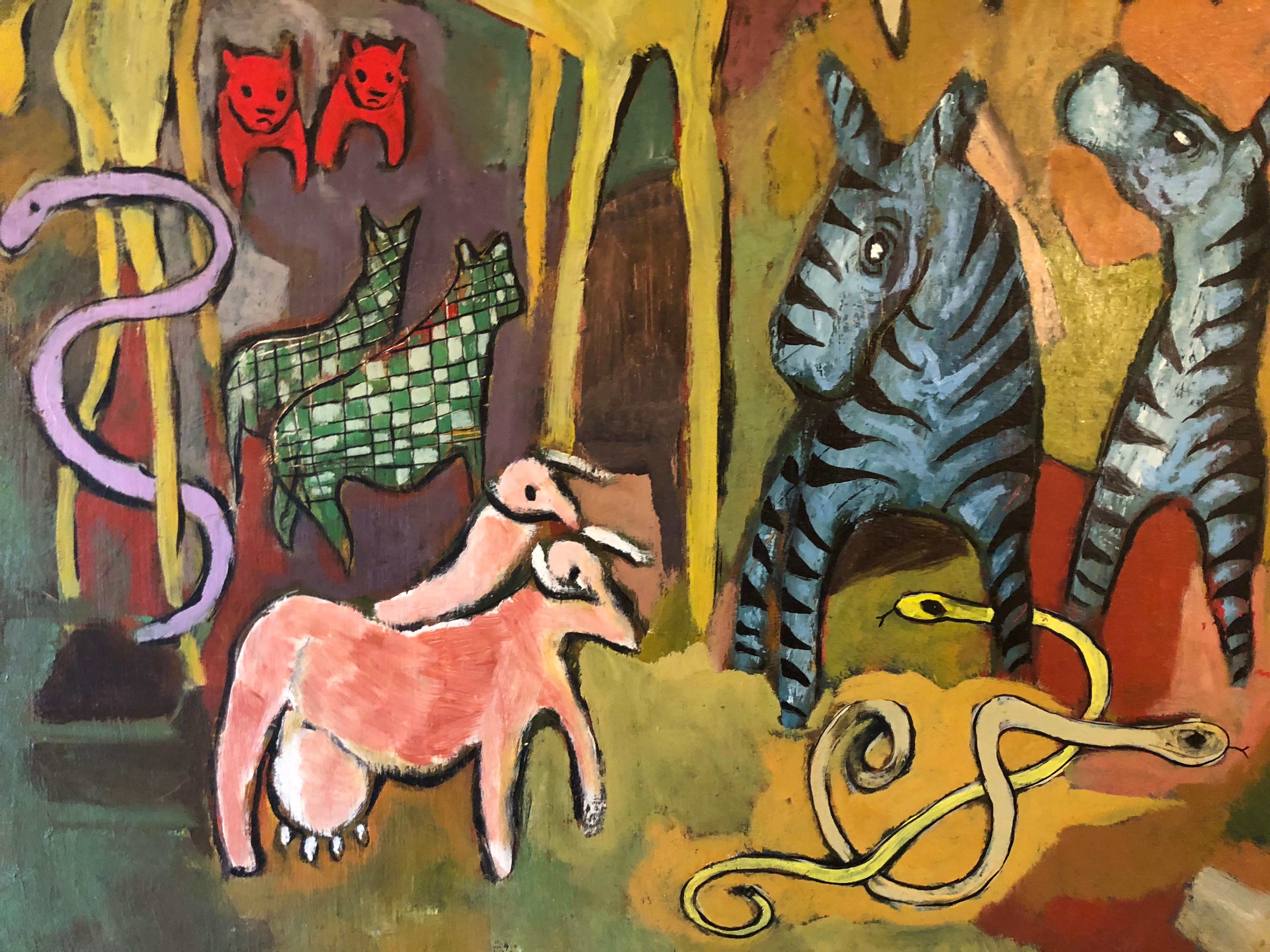 Charming 1950s modernist oil on masonite of Noah’s Ark. The use of color and expressive animals makes this a whimsical uplifting piece of art.