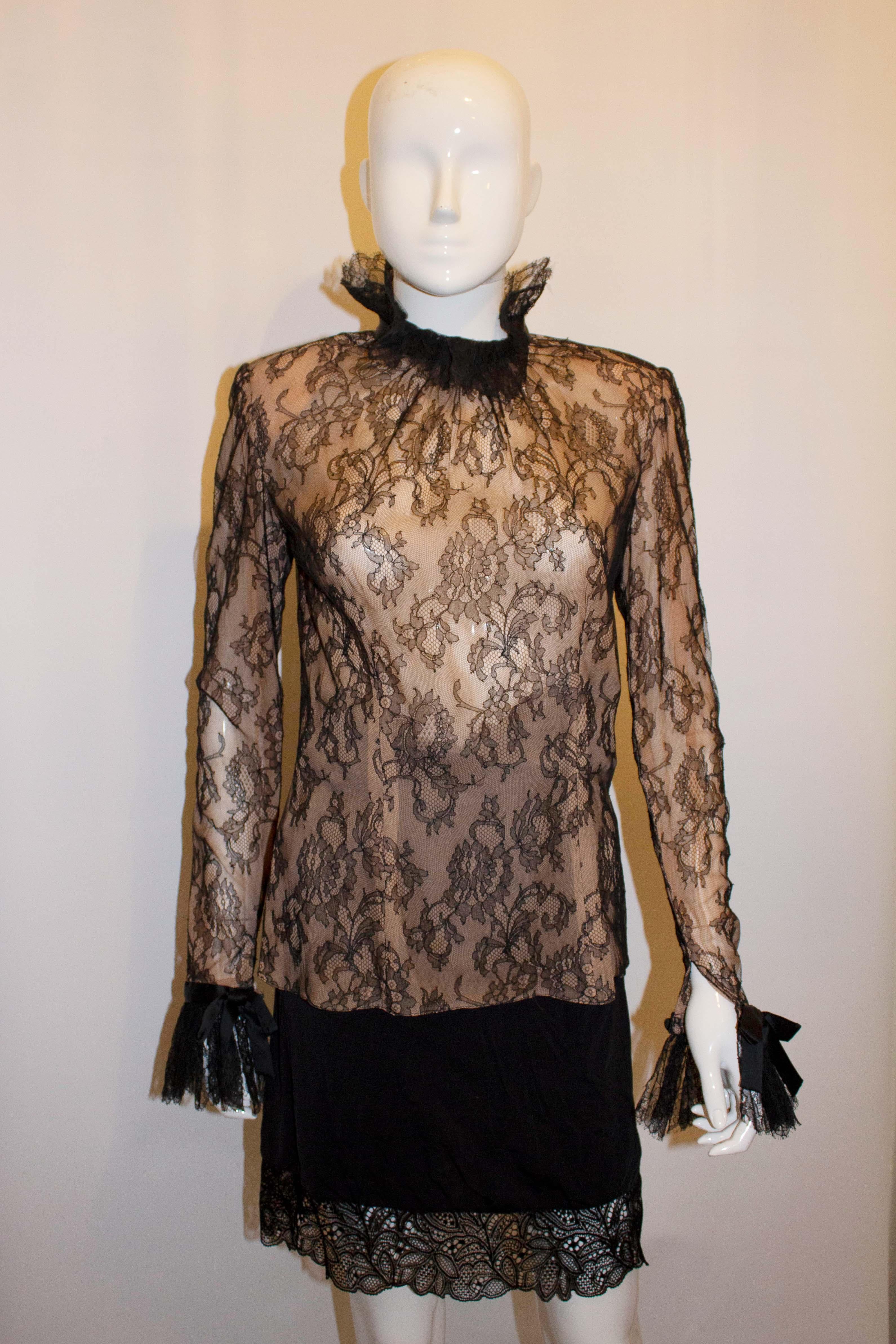 Nolan Miller Couture, Vintage  Spitzenbluse aus Seide (Braun) im Angebot