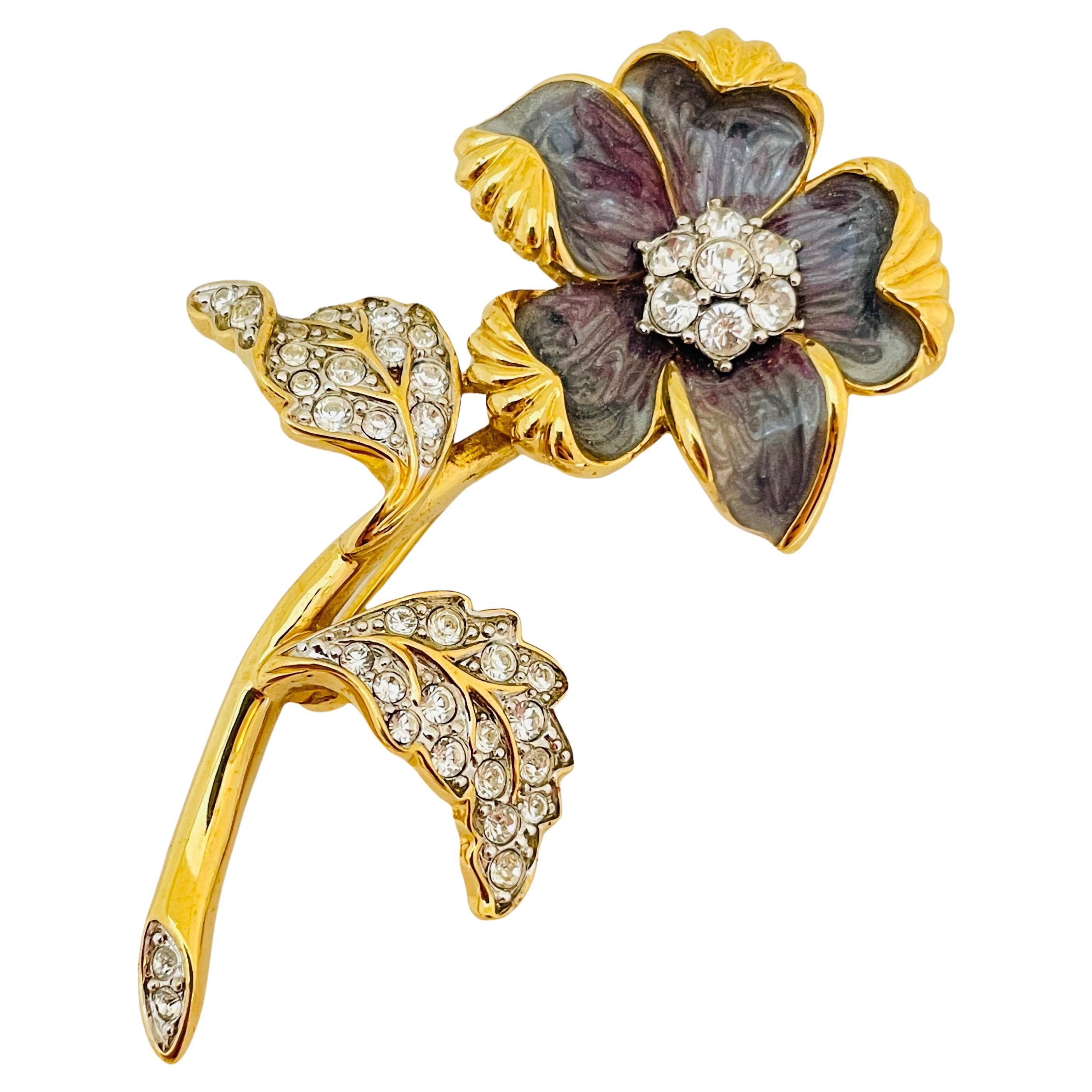 Vintage NOLAN MILLER gold enamel rhinestone flower designer runway brooch  For Sale