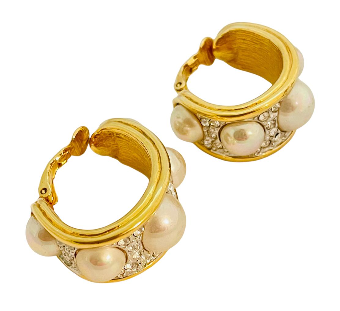 Women's Vintage NOLAN MILLER signed gold pearl rhinestone hoop clip on earrings For Sale