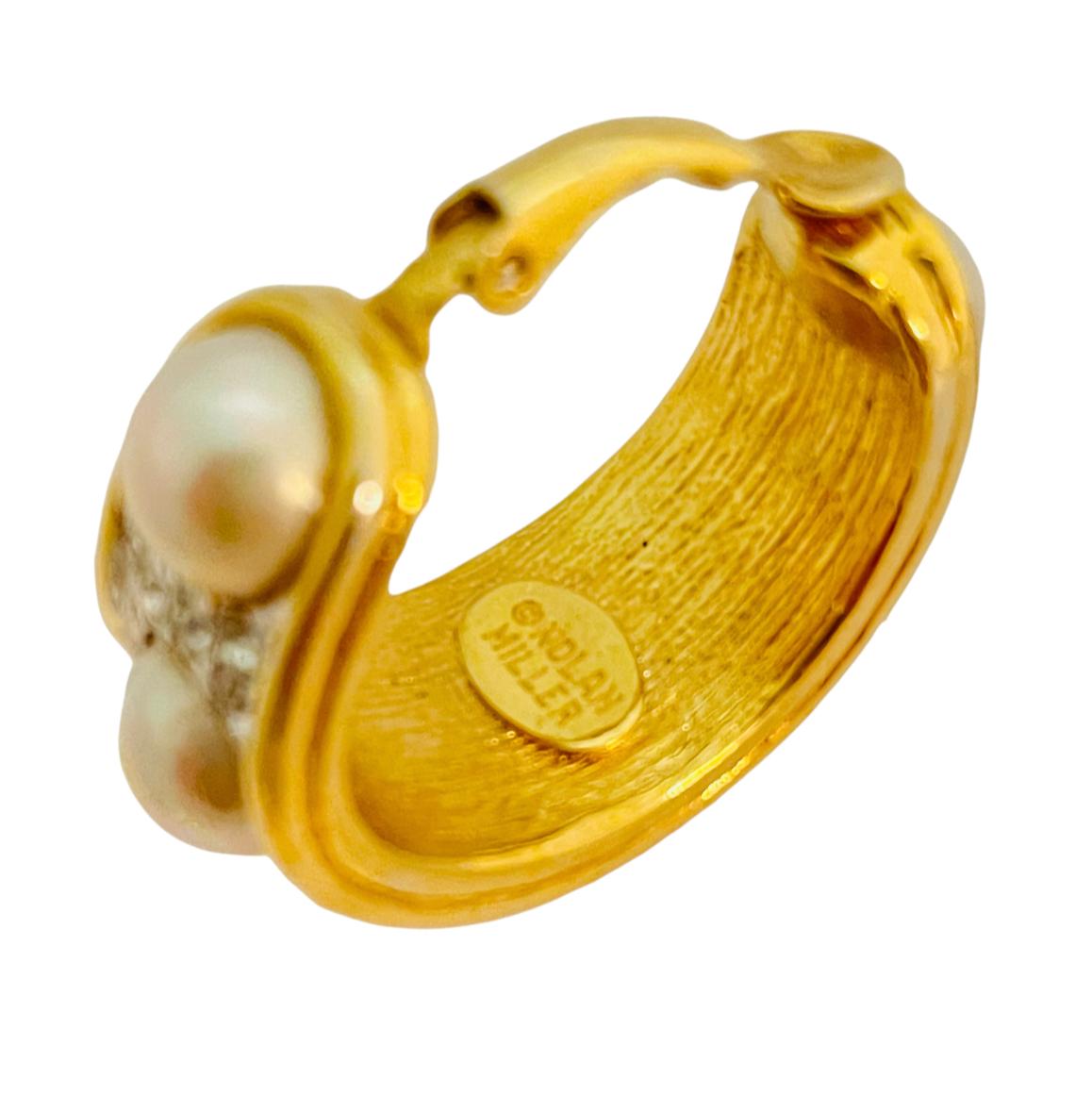 Vintage NOLAN MILLER signed gold pearl rhinestone hoop clip on earrings For Sale 1