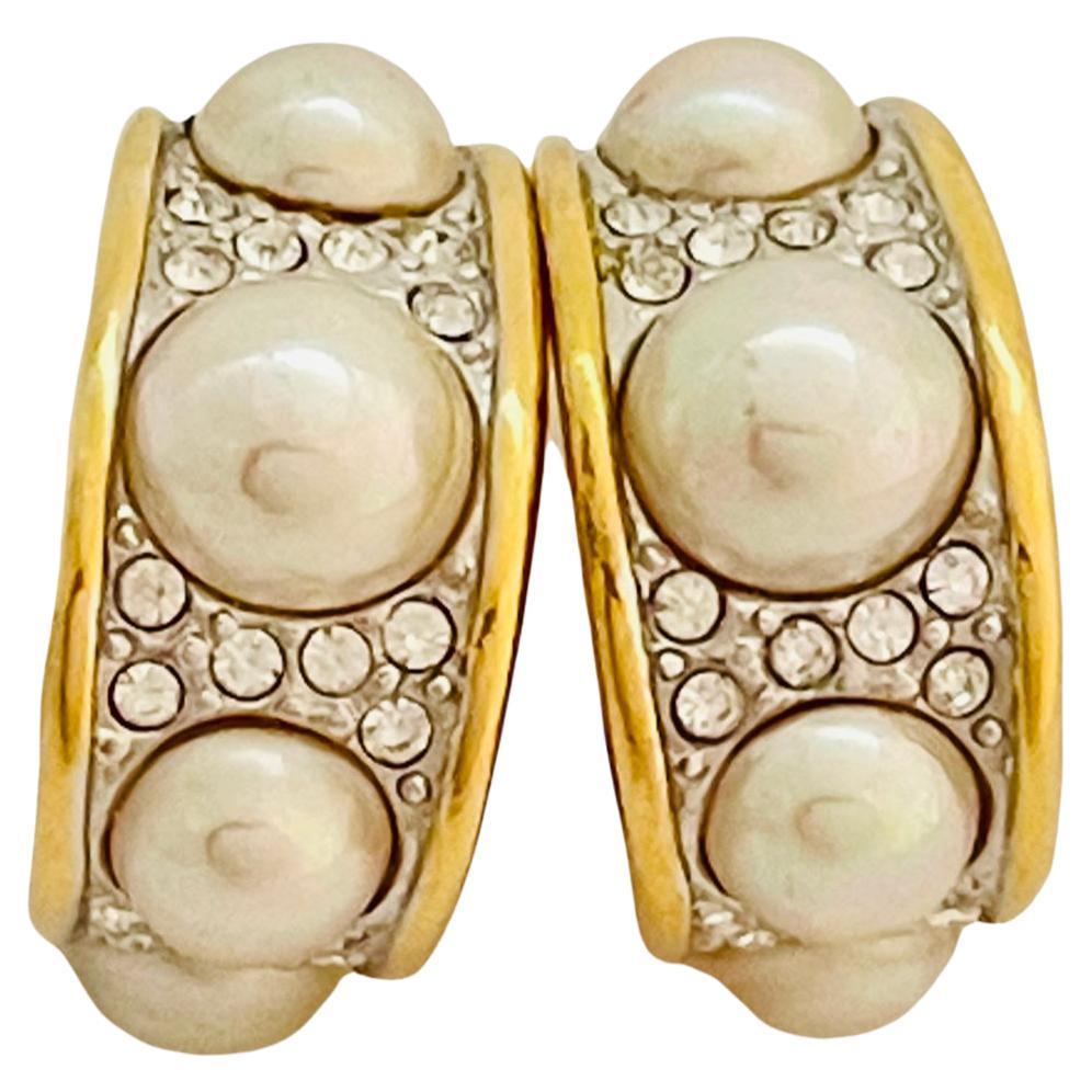 Vintage NOLAN MILLER signed gold pearl rhinestone hoop clip on earrings For Sale