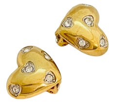 Vintage NOLAN MILLER signed heart gold rhinestone clip on earrings