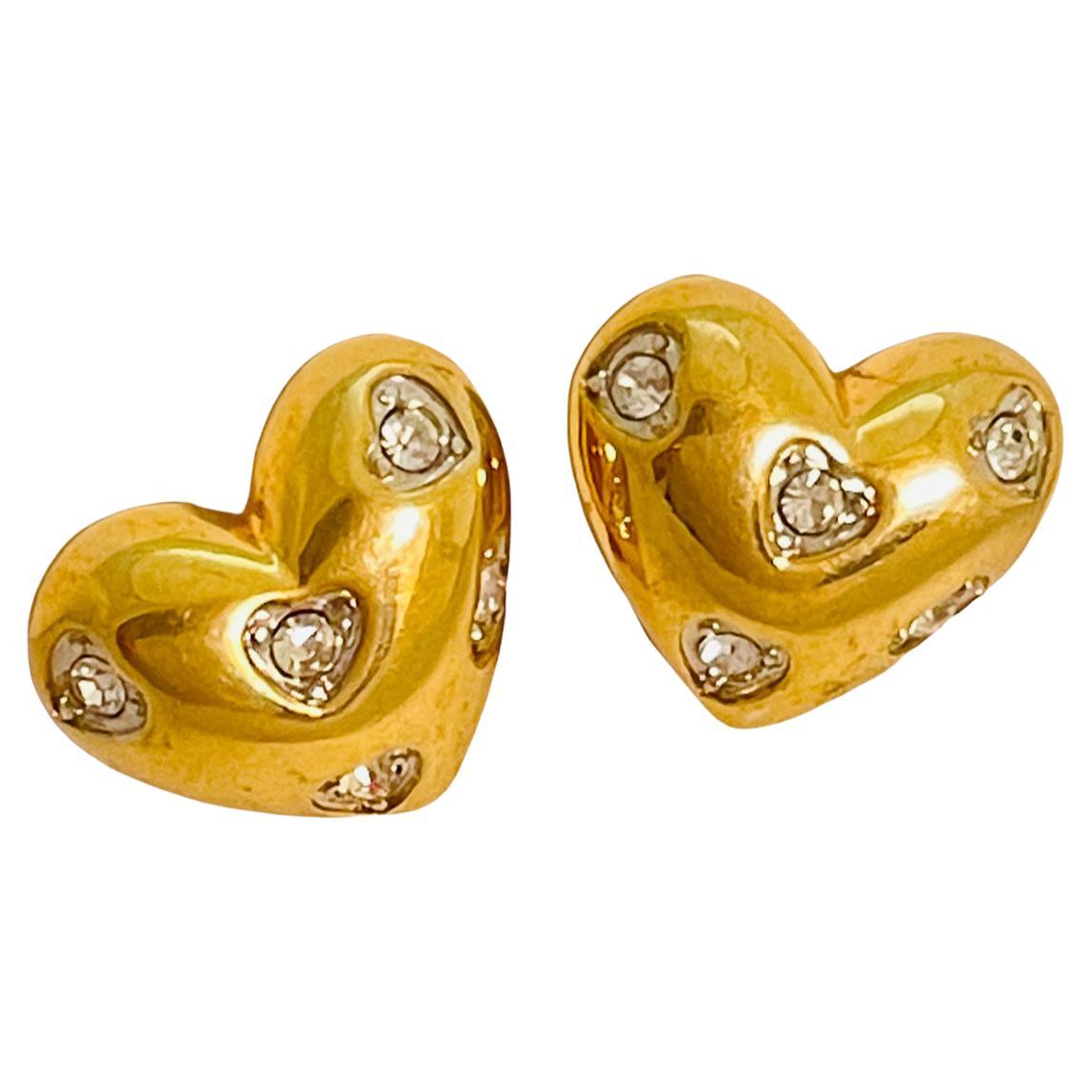 Vintage NOLAN MILLER signed heart gold rhinestone clip on earrings For Sale