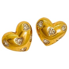 Vintage NOLAN MILLER signed heart gold rhinestone clip on earrings