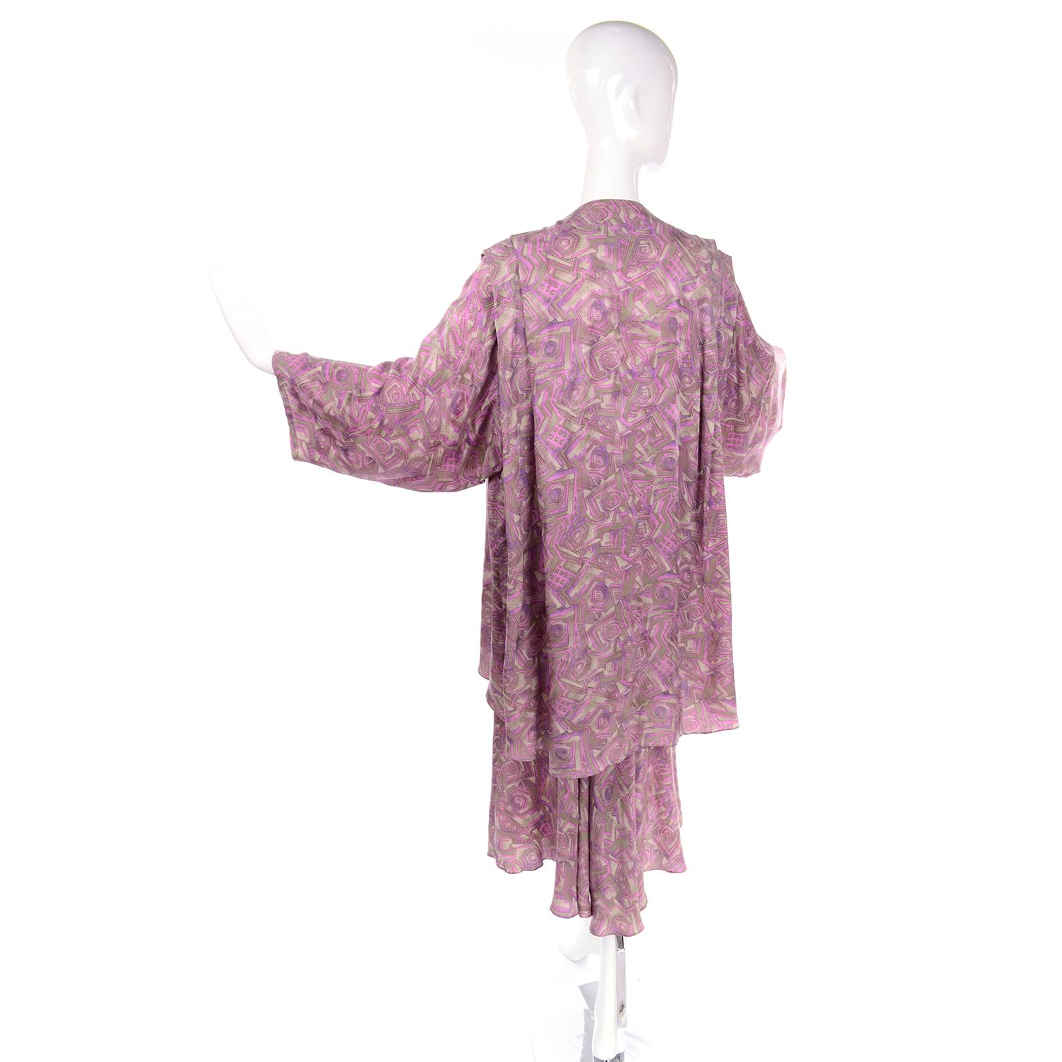 Vintage Nora Noh Purple Abstract Silk 2 Pc Dress W Skirt & Open Blouse Top In Excellent Condition For Sale In Portland, OR