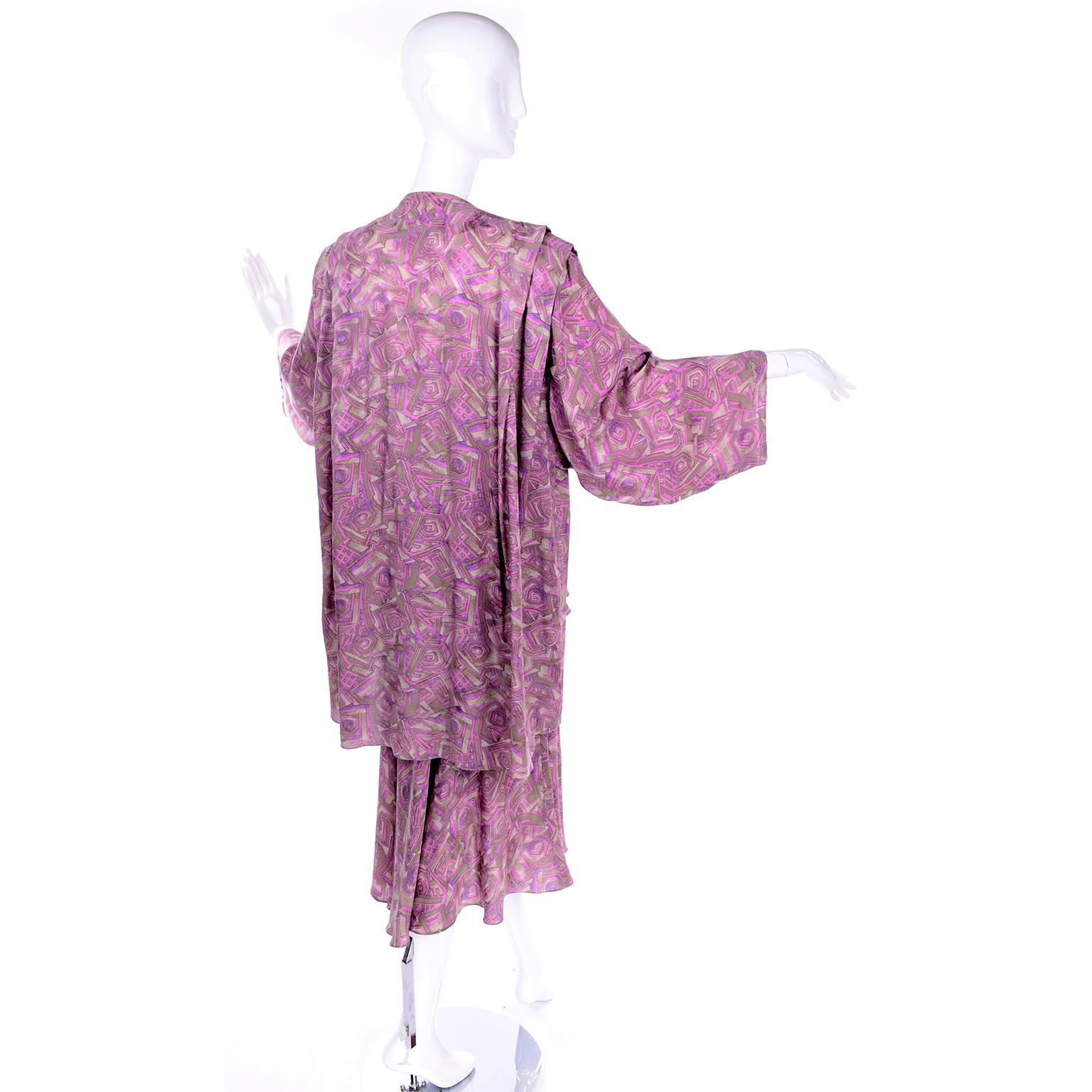 Vintage Nora Noh Purple Abstract Silk 2 Pc Dress W Skirt & Open Blouse Top For Sale 1