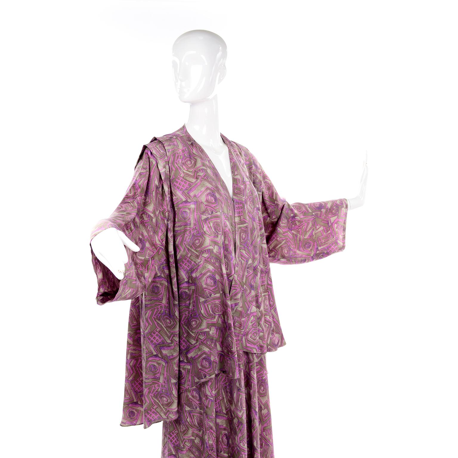 Vintage Nora Noh Purple Abstract Silk 2 Pc Dress W Skirt & Open Blouse Top For Sale 2
