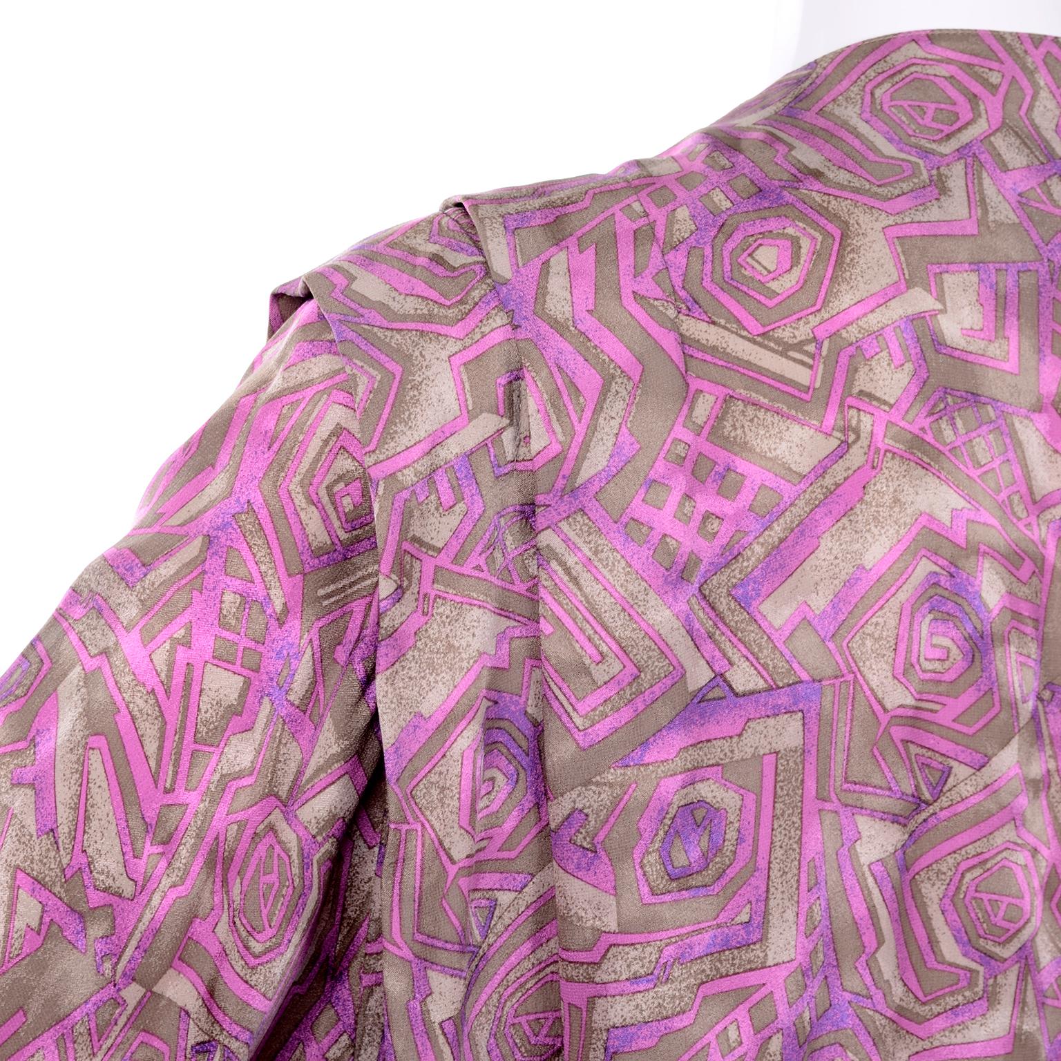 Vintage Nora Noh Purple Abstract Silk 2 Pc Dress W Skirt & Open Blouse Top For Sale 4