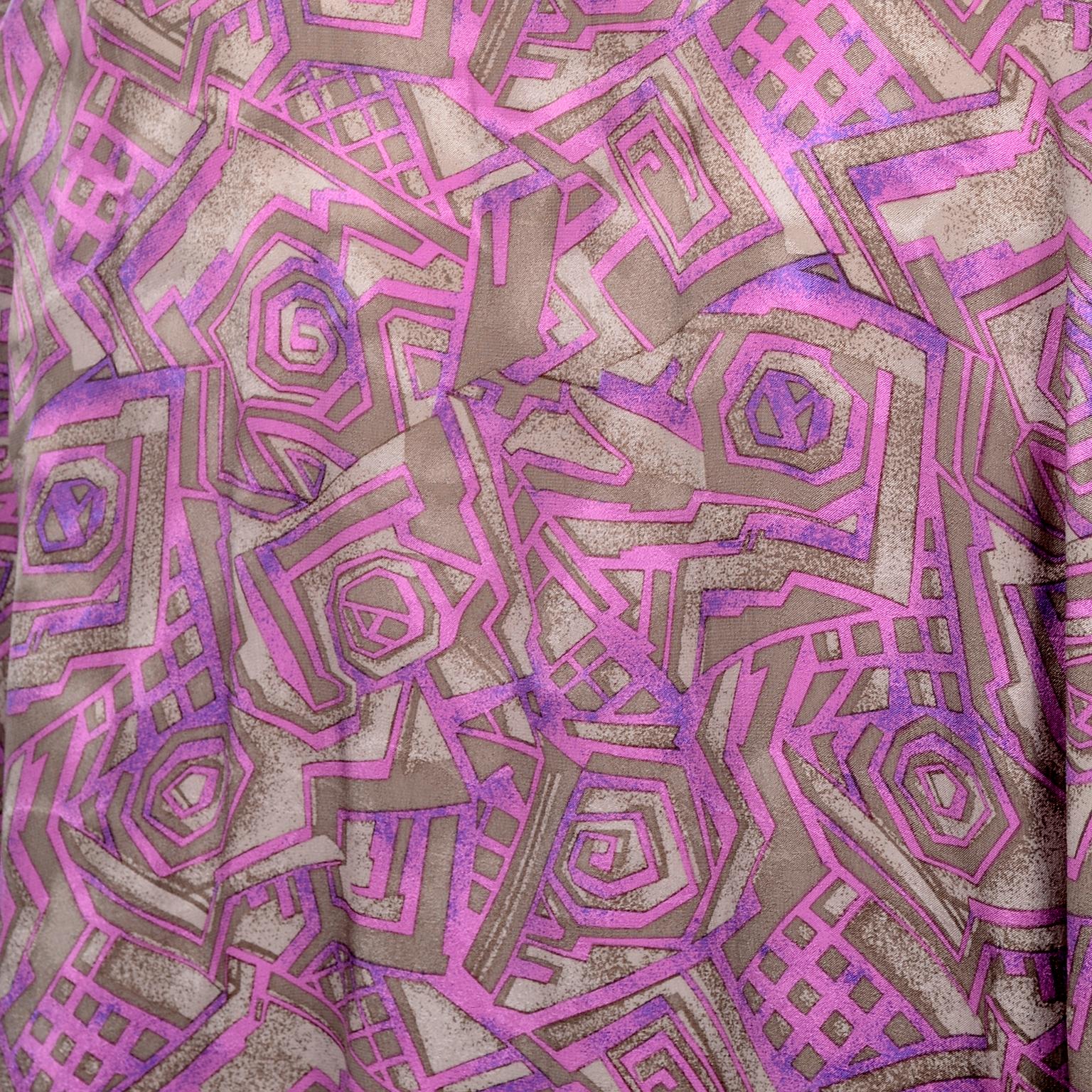 Vintage Nora Noh Purple Abstract Silk 2 Pc Dress W Skirt & Open Blouse Top For Sale 5