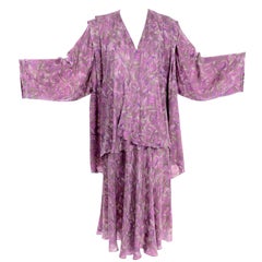 Vintage Nora Noh Purple Abstract Silk 2 Pc Dress W Skirt & Open Blouse Top
