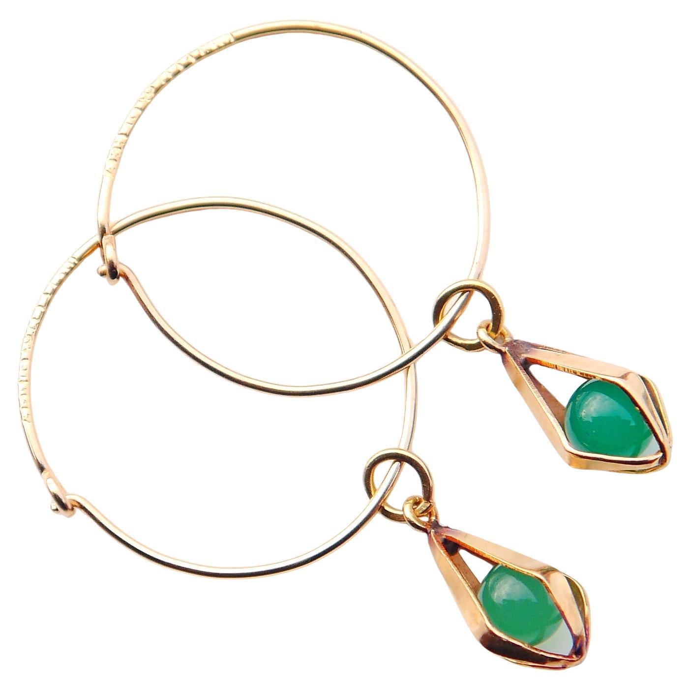 Vintage Nordic Earrings natural Green Chalcedony solid 18K Gold /2.7gr For Sale