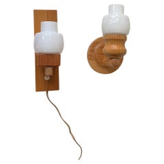 Vintage Nordic Wall Sconces in Pine and White Glass, 1970s, Set of 2