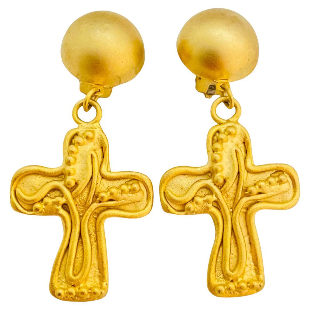 Vintage NORMA JEAN gold cross dangle earrings For Sale