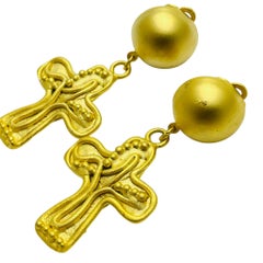 Vintage NORMA JEAN signed matte gold cross dangle designer clip on earrings