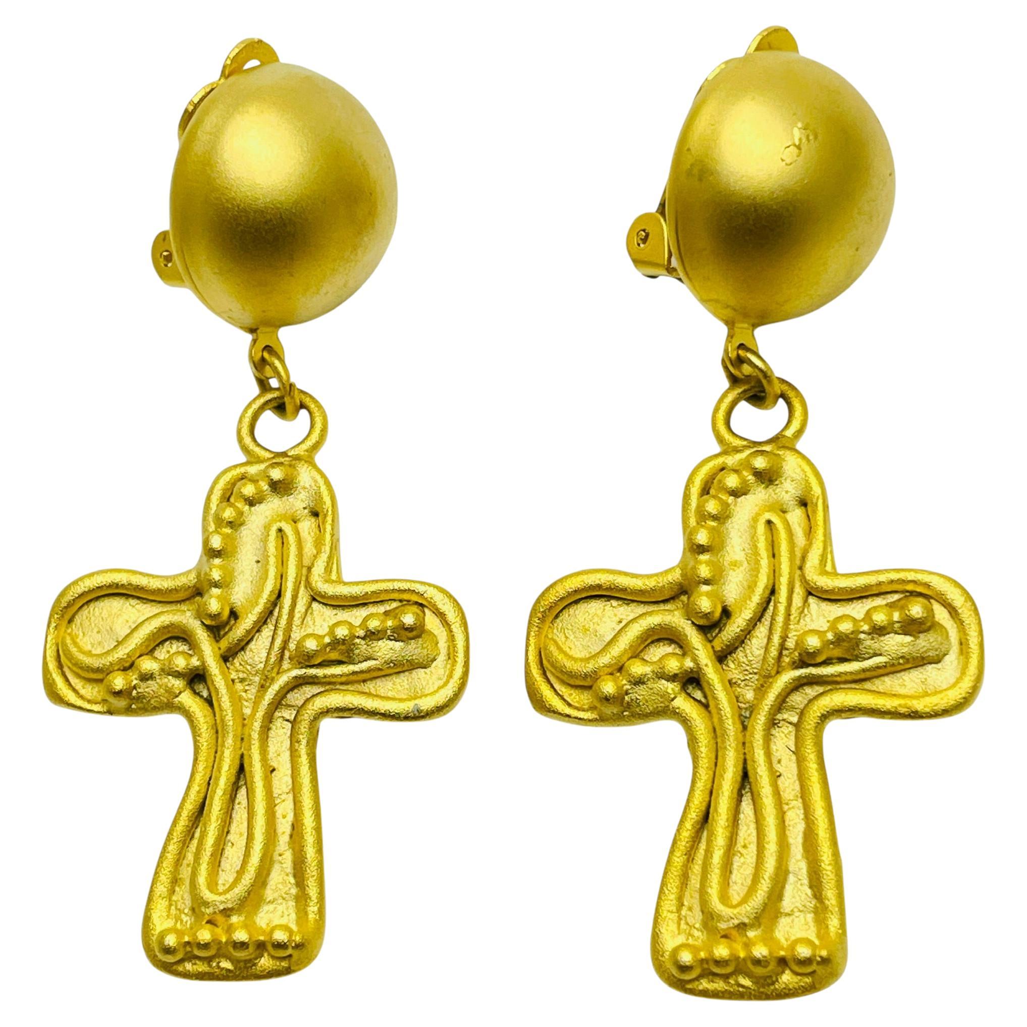 Vintage NORMA JEAN signed matte gold cross dangle designer clip on earrings For Sale