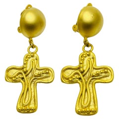 Vintage NORMA JEAN signed matte gold cross dangle designer clip on earrings